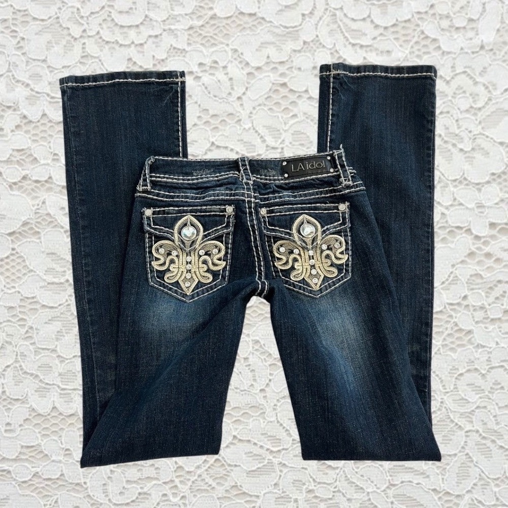 vintage cyber y2k‎ contrast stitch fleur de lis embellished low rise flare jeans